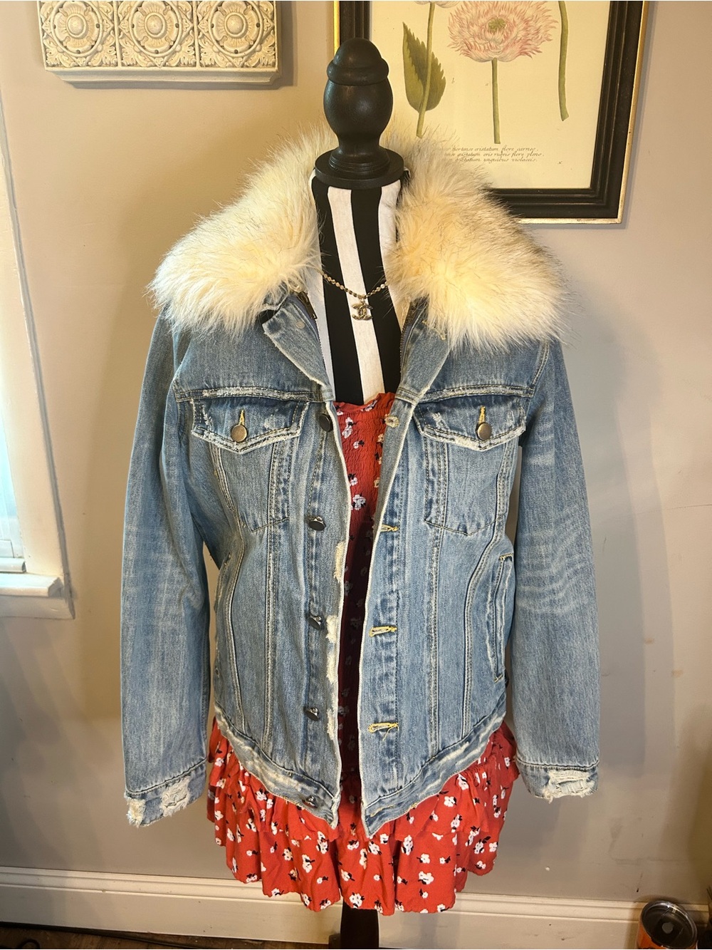 Heartloom Light Blue Jean Jacket with Cream Fur Collar
